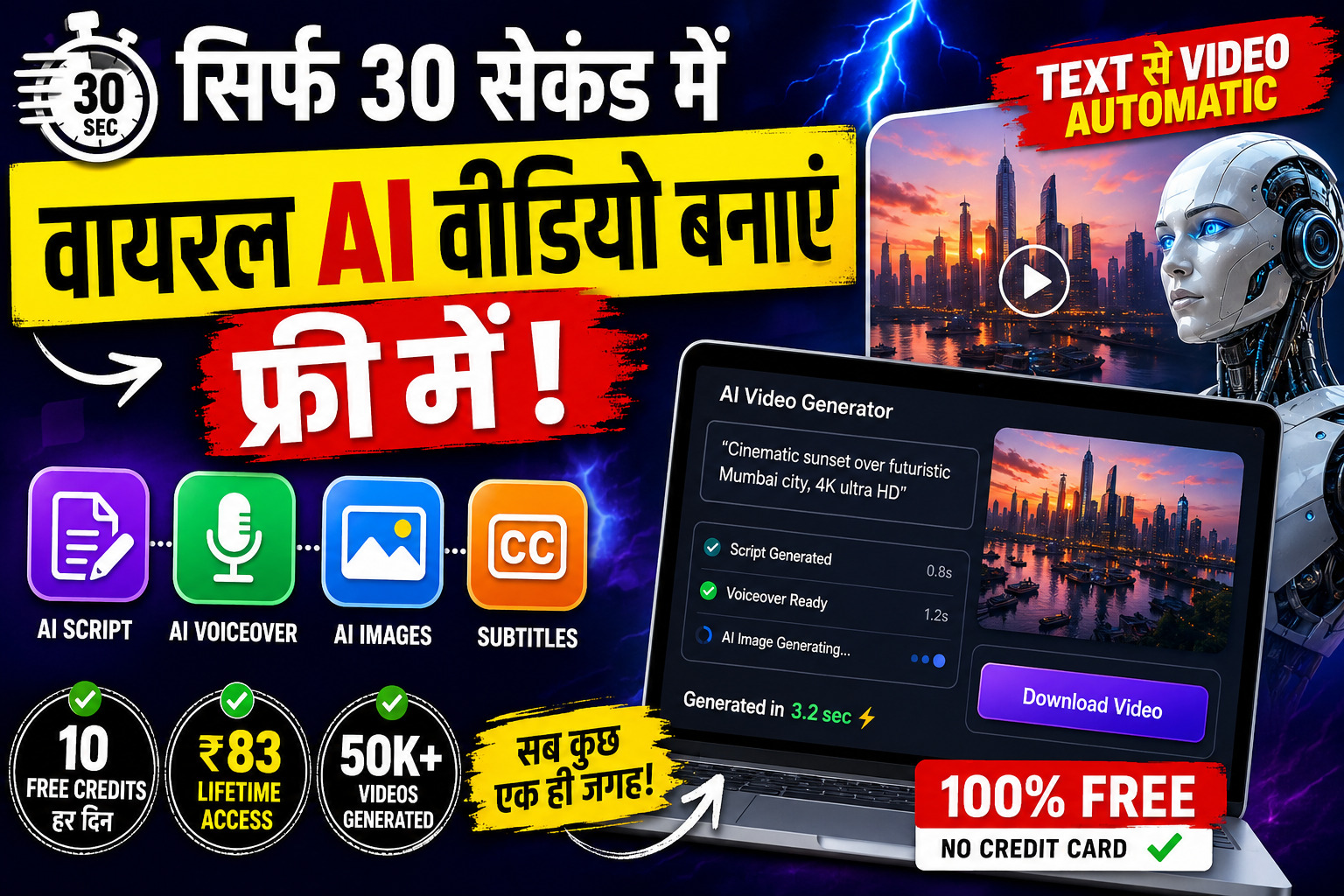 फ्री AI वीडियो जनरेटर 2026 – सिर्फ 30 सेकंड में वायरल AI वीडियो बनाएं