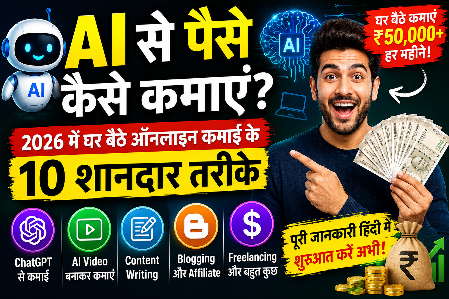 AI से पैसे कैसे कमाएं? 2026 में ऑनलाइन कमाई के 10 आसान तरीके
