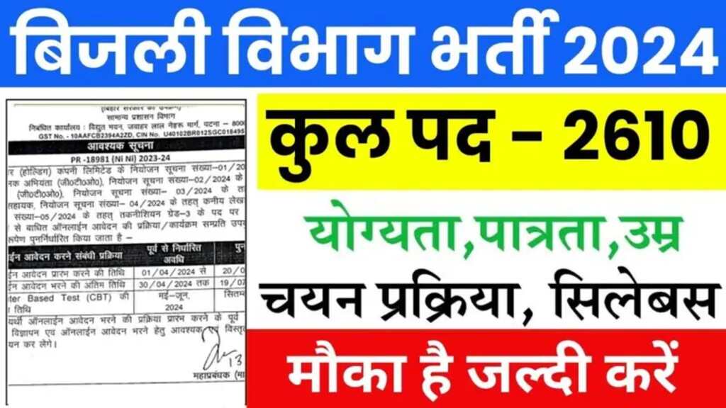 Bijli Vibhag Vacancy 2024 : बिजली विभाग ने नौकरी का मौका, यहां करें आनलाइन आवेदन 